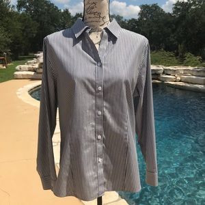 Chico’s METALLIC Pinstripe Button Down Shirt Sz 2